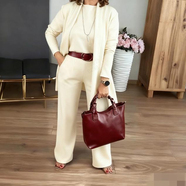 Elegant 3-delad set med lång kofta, topp och byxor