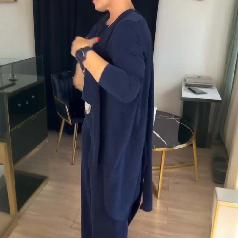 Elegant 3-delad set med lång kofta, topp och byxor